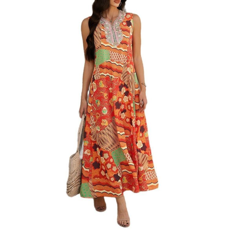 Printed Contrast Color Vacation Sleeveless A- Line Dress Women's Clothing - Image 5