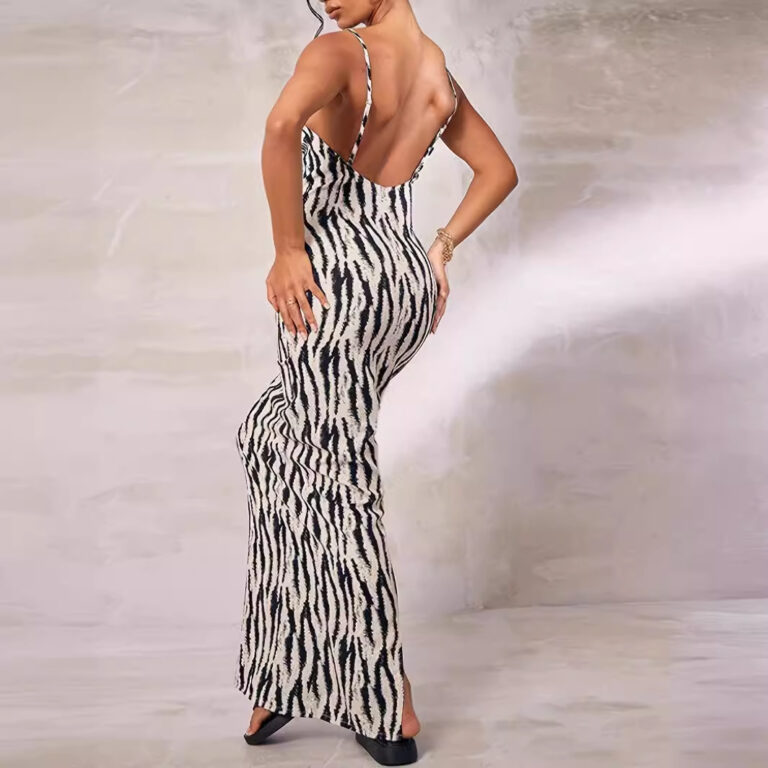 European And American Zebra Print Slim Fit Slimming Spaghetti Straps V-neck Dress - Image 2