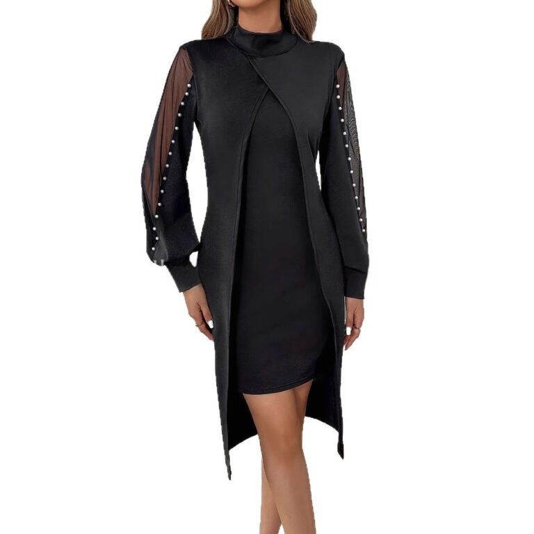Mesh Stitching Foam Sleeve Round Neck Long Sleeve Fake Two Pieces Dress - Image 2