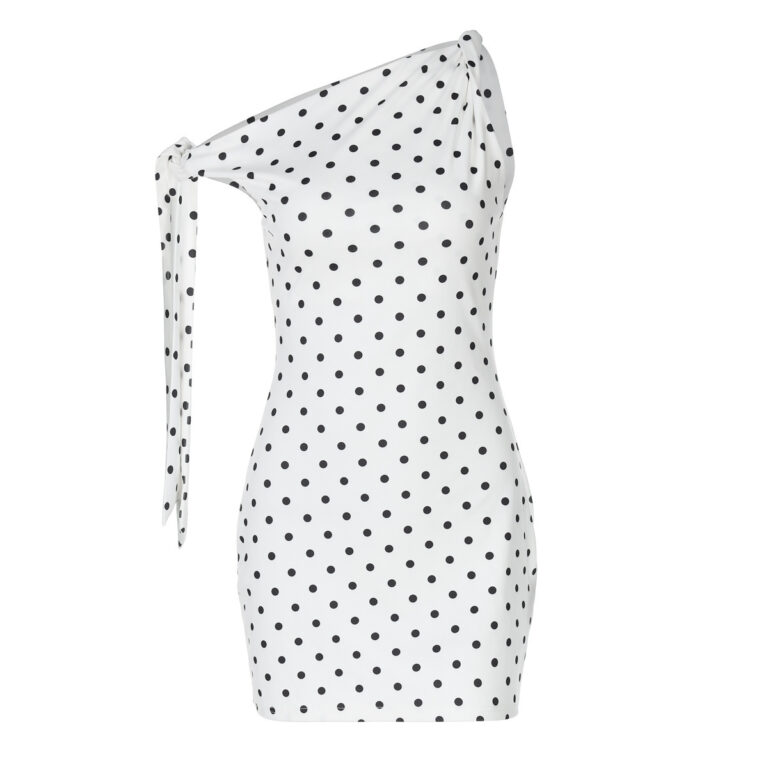 Fashion Sexy Polka Dot Print Oblique Shoulder Lace Up Slim Fit Hip Bag Dress - Image 5