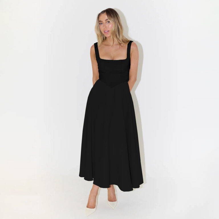 European And American Solid Color Square Collar Sleeveless Fitted Waist Backless Camisole Dress - Image 6
