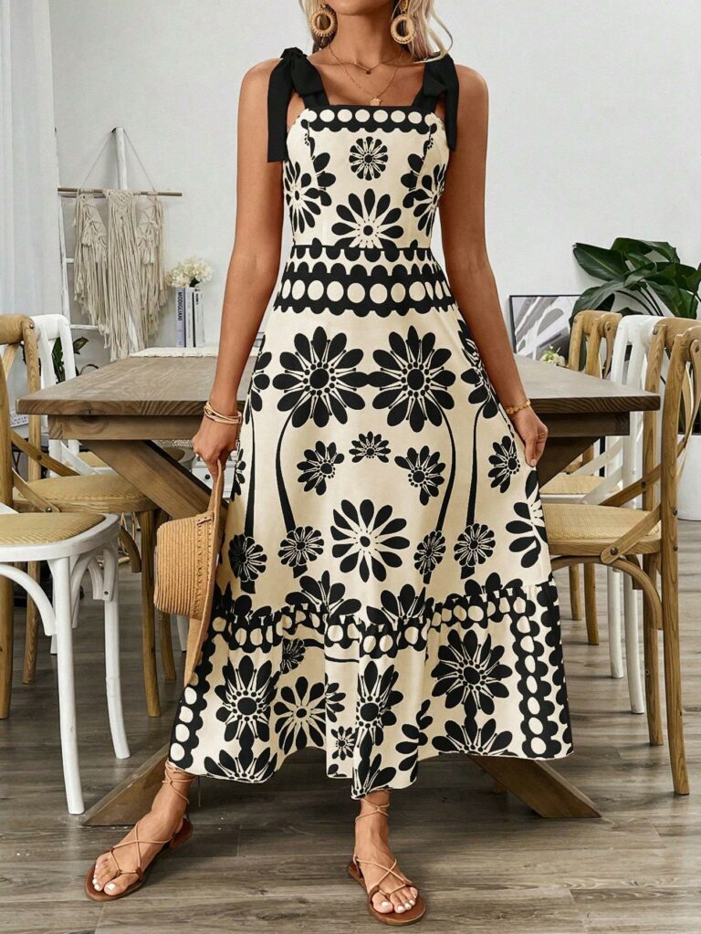 Casual Floral Print Shoulder Tie Waist Suspender Dress - Image 4