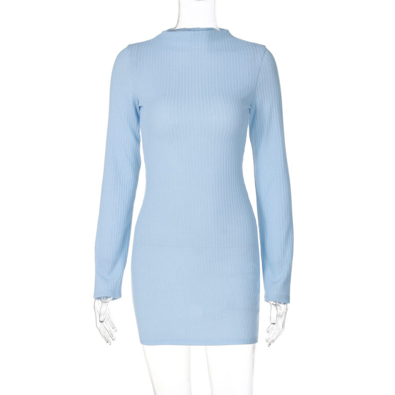 Slim Knit Striped Sheath Long Sleeve Dress - Image 7