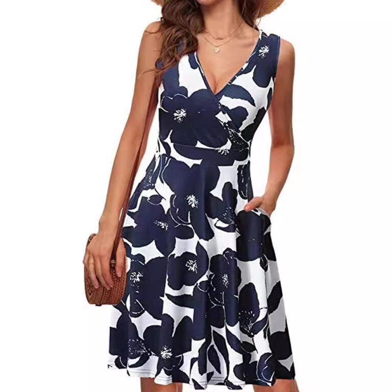 Elegant V-neck Sleeveless Vest Printed Pocket Dress Women - Image 6