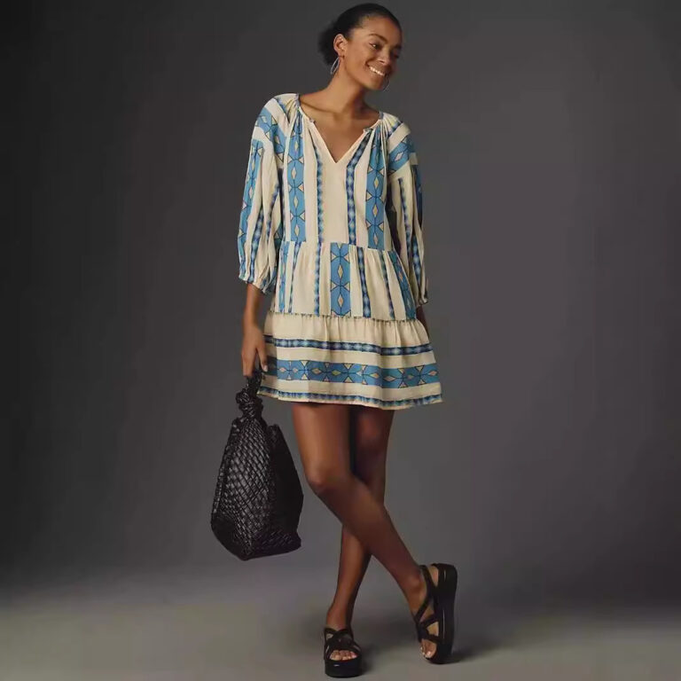 Summer New Casual 34 Sleeve V-neck Striped Printed A- Line Skirt Dress - Image 3