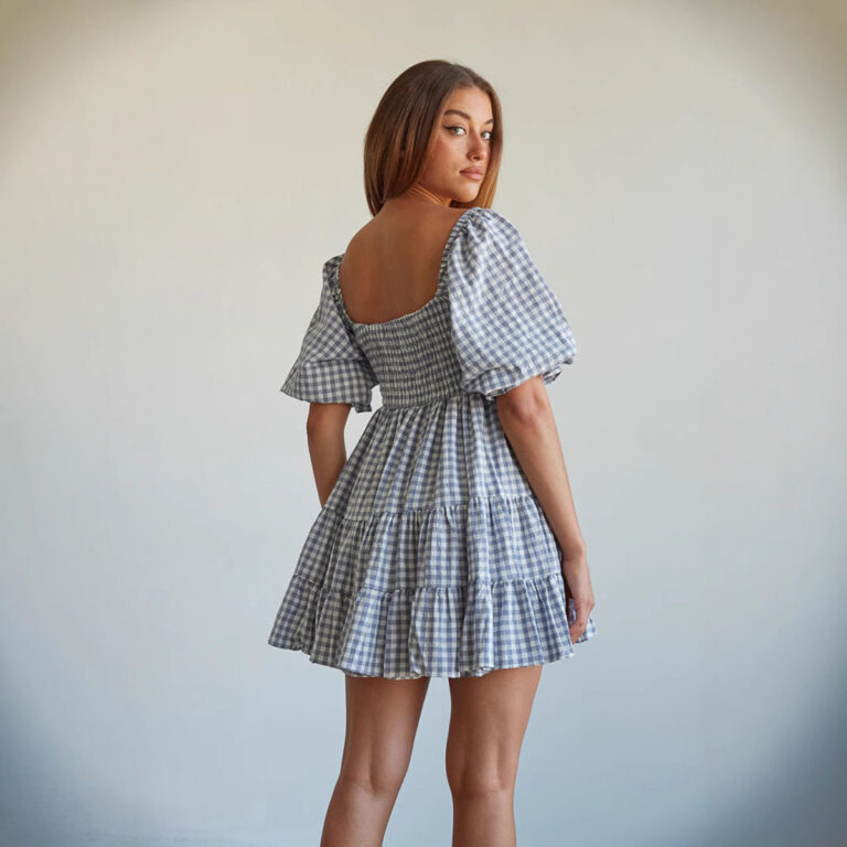 Square Collar Short Sleeve Plaid High Waist Dress - Image 4