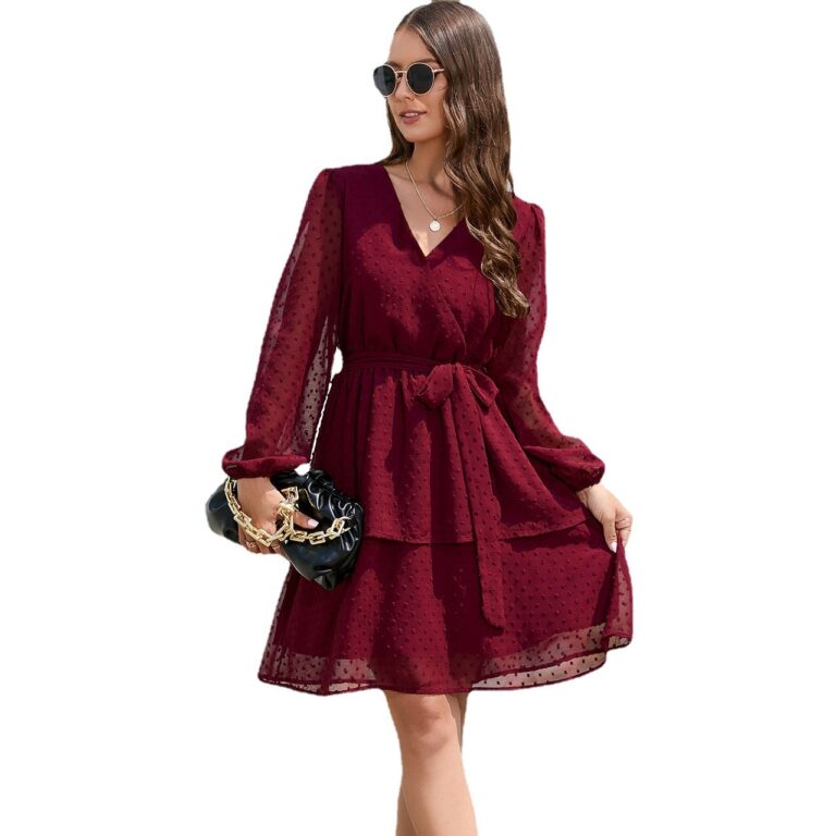 Chiffon V-neck Lantern Sleeves Long Sleeve Belt Dress - Image 4