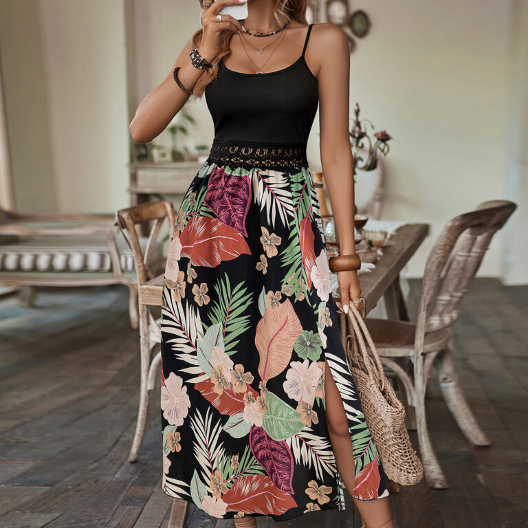 Women's Fashion Stitching Printing Waist Trimming Spaghetti Straps Dress - Image 4