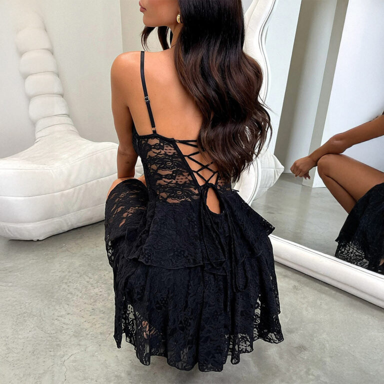 Sheer Cutout Lace Sling Dress Women's Clothing - Image 4