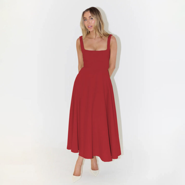 European And American Solid Color Square Collar Sleeveless Fitted Waist Backless Camisole Dress - Image 9