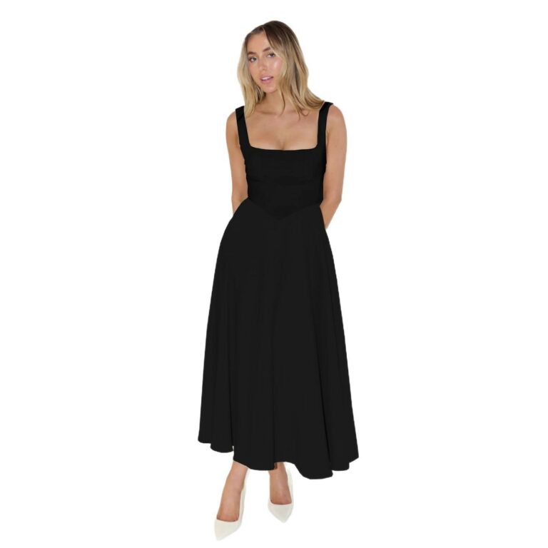 European And American Solid Color Square Collar Sleeveless Fitted Waist Backless Camisole Dress - Image 5