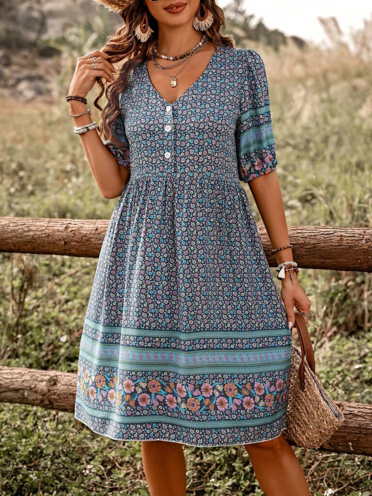Printed Buttoned Casual Dress Vacation Beach Outfits Women - Image 2