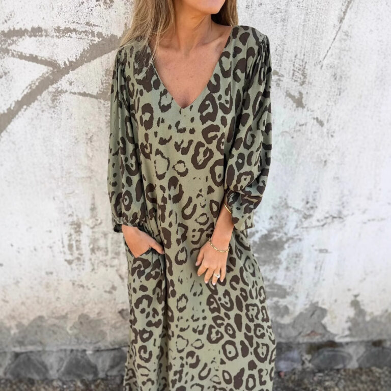 Leopard Print V-neck Printed Long Sleeve Loose Dress Women