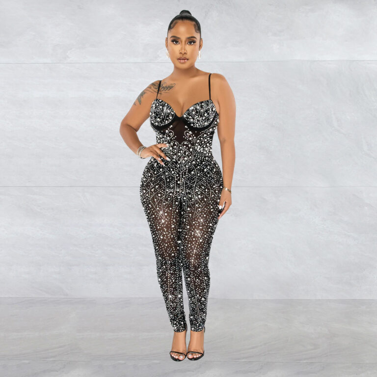 Women's Wear Pure Color Mesh Rhinestone Sleeveless Trousers Jumpsuit - Image 2