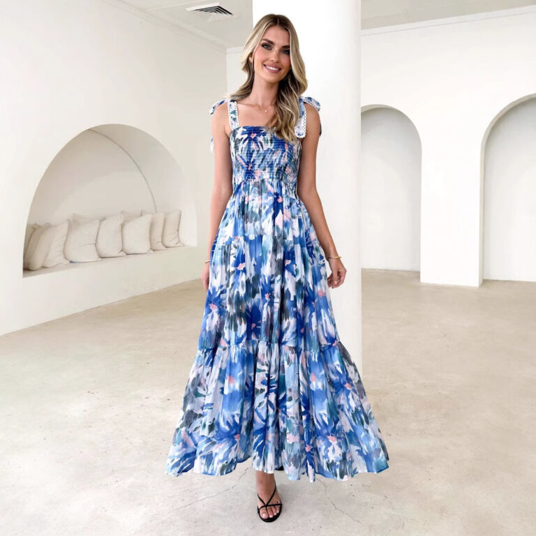 Women's Sling Smocking Elastic Waist Shoulder Strap Dress