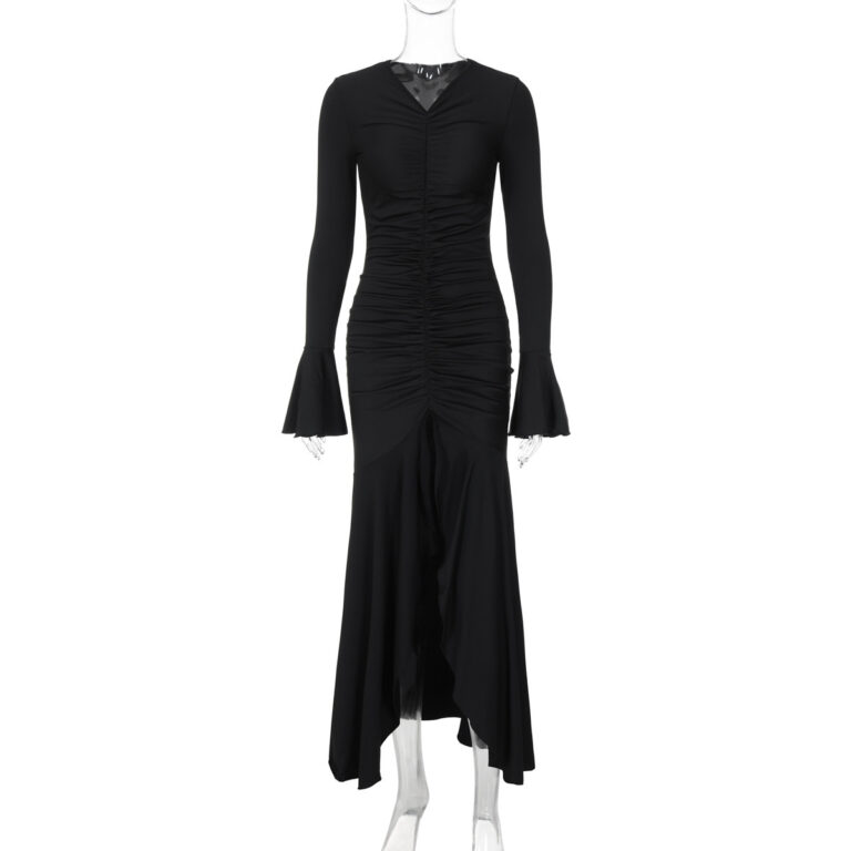 Fashionable Elegant V-neck Pleated Slim-fit Flared Sleeves Dress - Image 6
