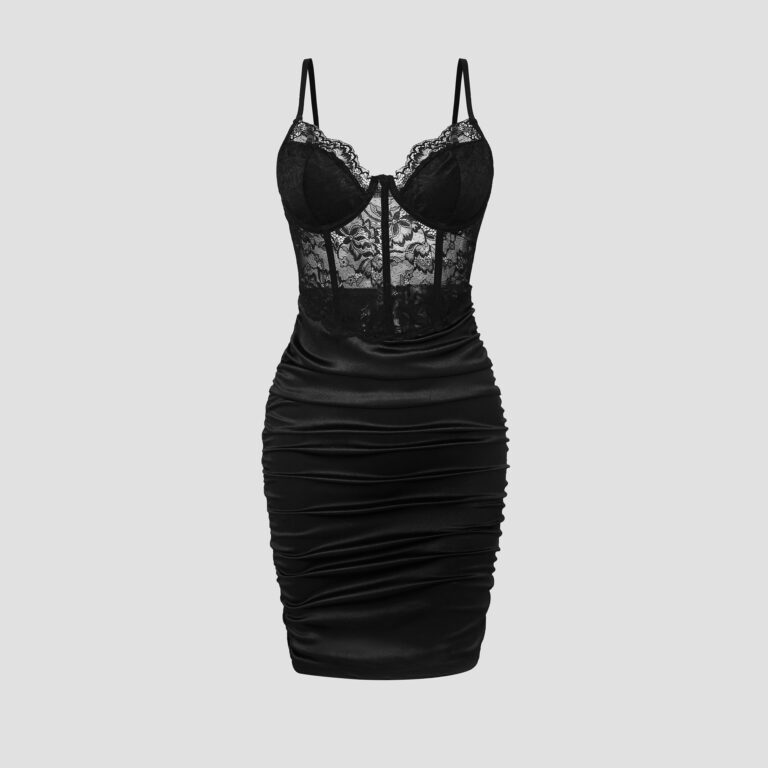 Advanced Satin Lace Fishbone Stitching See-through Hip Spaghetti Straps Dress - Image 6
