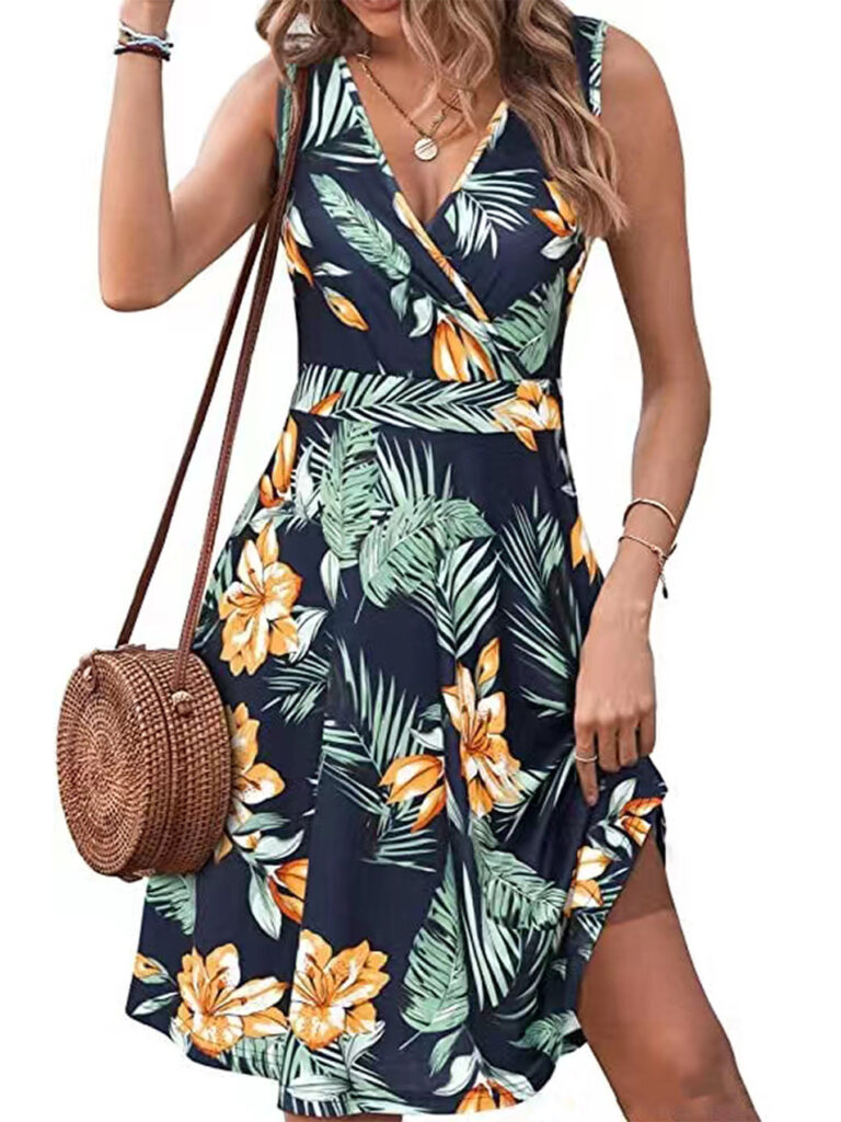 Elegant V-neck Sleeveless Vest Printed Pocket Dress Women - Image 7