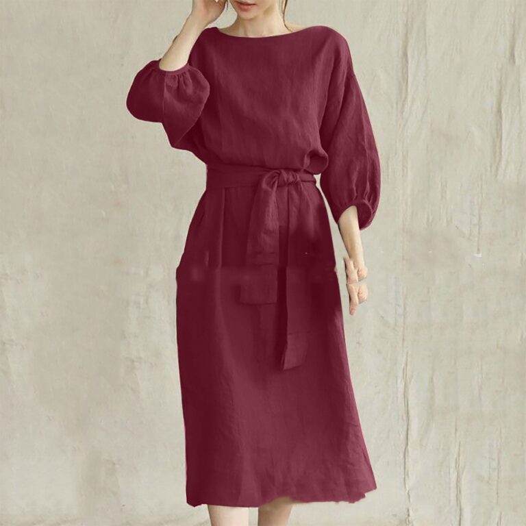 Mid-length High Waist Lace-up Solid Color Round Neck Dress - Image 3