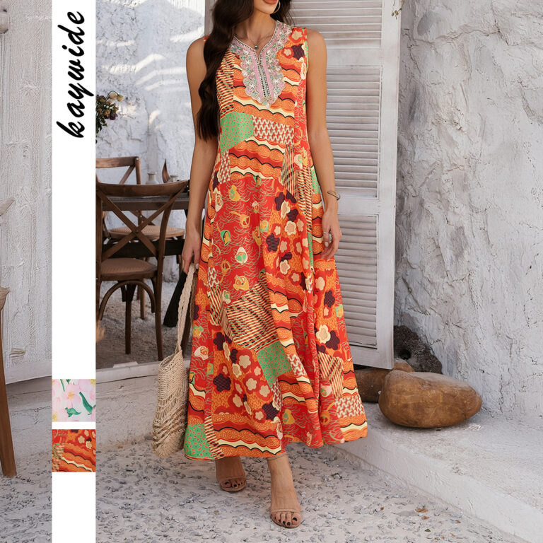 Printed Contrast Color Vacation Sleeveless A- Line Dress Women's Clothing