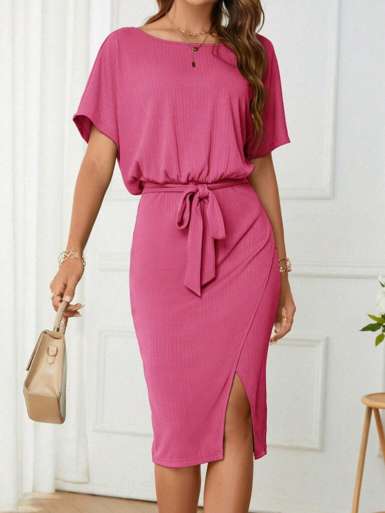 Solid Batwing Sleeve Split Thigh Belted Dress - Image 4