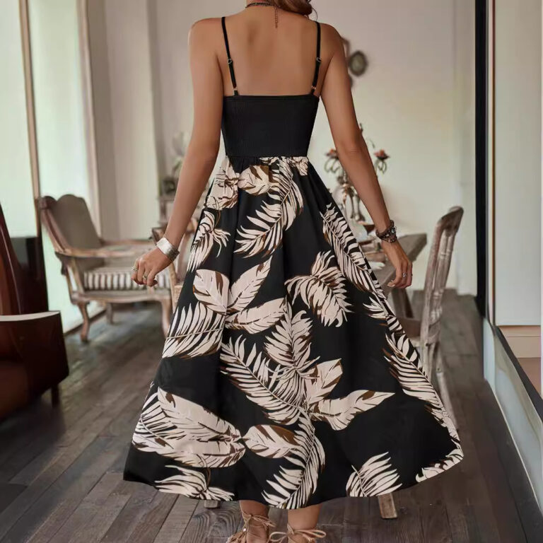 Women's Fashion Stitching Printing Waist Trimming Spaghetti Straps Dress - Image 5