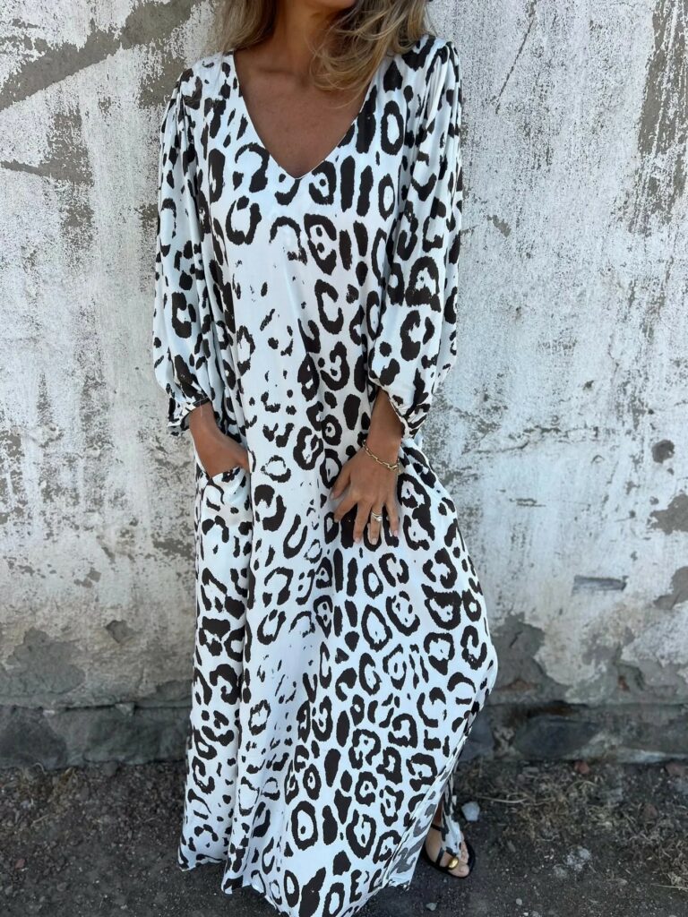 Leopard Print V-neck Printed Long Sleeve Loose Dress Women - Image 8