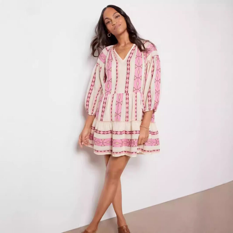 Summer New Casual 34 Sleeve V-neck Striped Printed A- Line Skirt Dress - Image 2