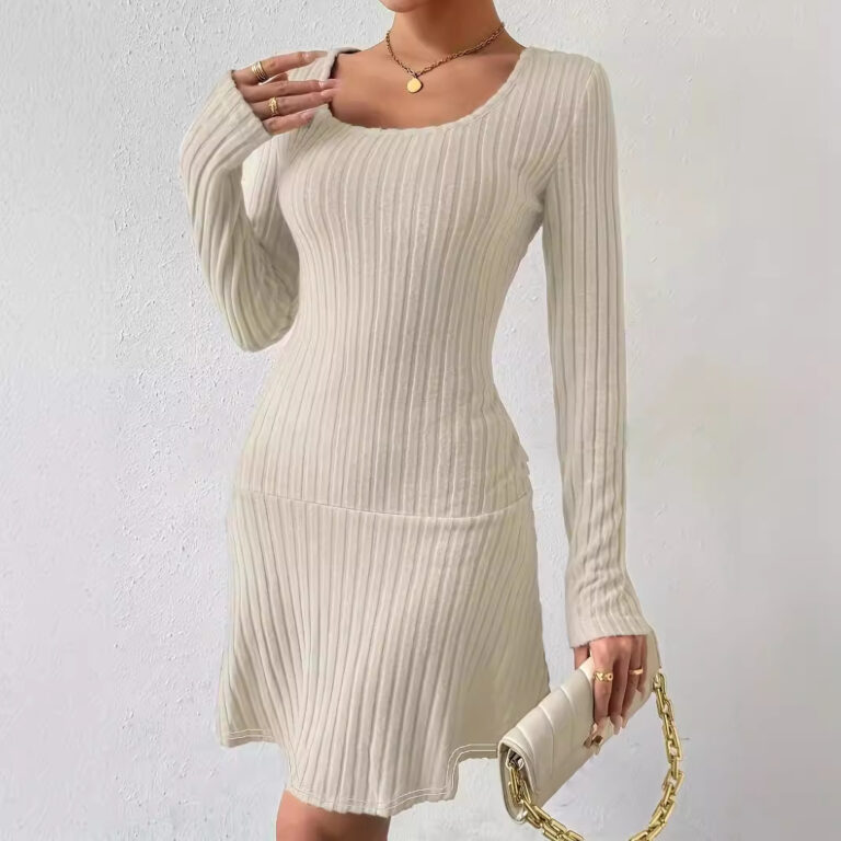 Fashion Solid Color Waist Tight Long Sleeve Dress - Image 3