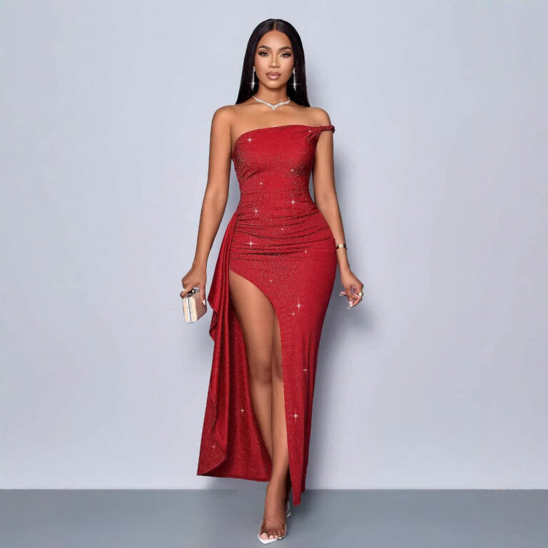 Luminous Red Asymmetric Shoulder Strap Height Side Split Dress - Image 4