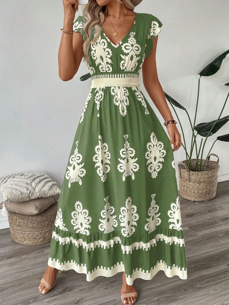 Trim Cap Sleeve Cinched Waist Ruffle Hem A-Line Dress - Image 3