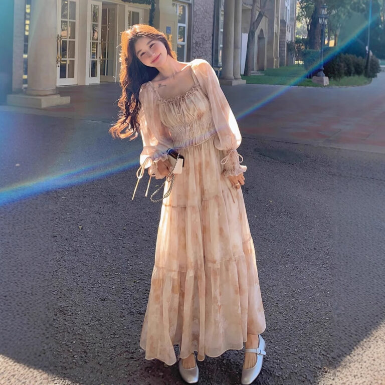 French Square Collar Puff Sleeve Chiffon Floral Dress Women - Image 3