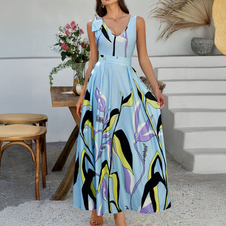 Holiday Floral Print Contrast Color Sleeveless High Waist Dress - Image 3