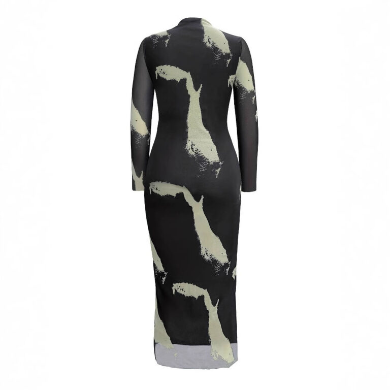 Mesh Floral Print Tight Split Round Neck Dress - Image 2