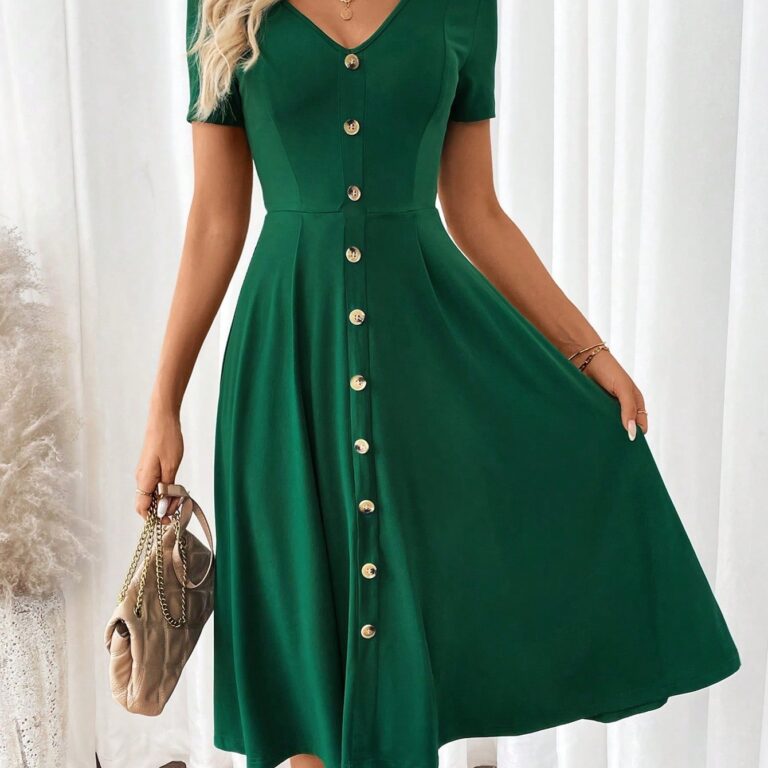 Women's Elegant V-Neck Short Sleeve A-Line Dress