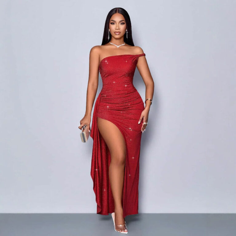 Luminous Red Asymmetric Shoulder Strap Height Side Split Dress - Image 3
