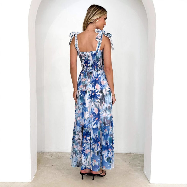 Women's Sling Smocking Elastic Waist Shoulder Strap Dress - Image 3