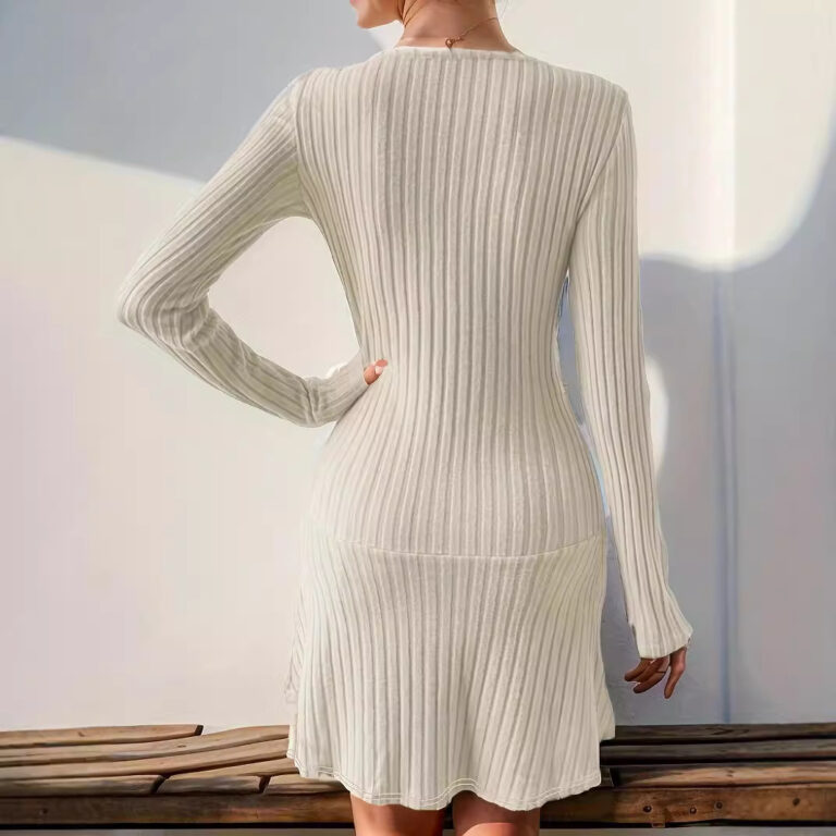 Fashion Solid Color Waist Tight Long Sleeve Dress - Image 4
