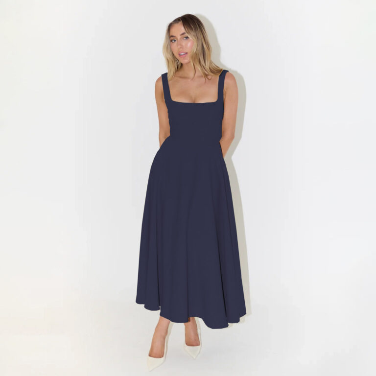 European And American Solid Color Square Collar Sleeveless Fitted Waist Backless Camisole Dress - Image 8