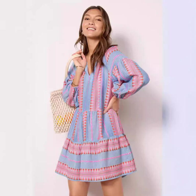 Summer New Casual 34 Sleeve V-neck Striped Printed A- Line Skirt Dress - Image 6
