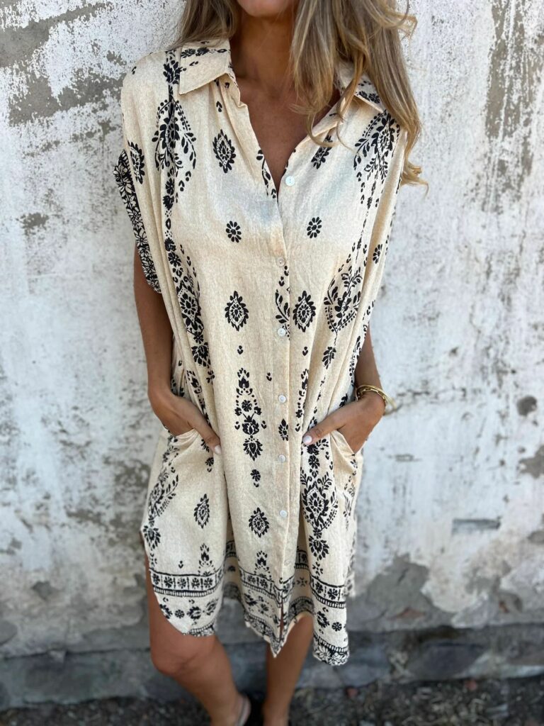 Loose Casual Short Sleeve Cotton Linen Shirt Pocket Print Dress - Image 6