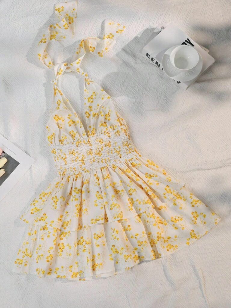 Women's Holiday Floral Flounce Halterneck With Suspenders Backless Dress - Image 7