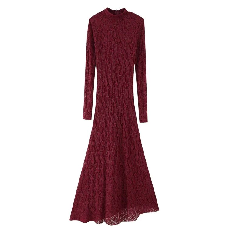 Graceful And Fashionable Lace Turtleneck Long Sleeve Midi Skirt Dress - Image 3