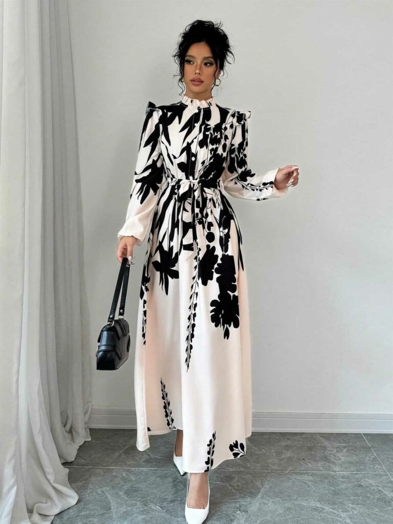 Women's Flower Waist Long Sleeve A- Line Dress - Image 6