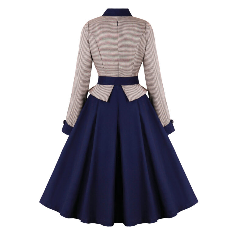 Color Effect Collar Hollow High-grade Houndstooth Patchwork Ruffled Waist-tight Autumn And Winter Long Sleeve Retro Dress - Image 3