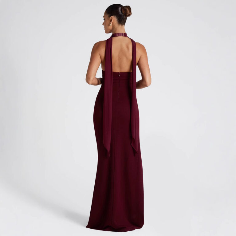 Women's Sexy Halter Deep V Lace-up Backless High-cut Split Solid Color Dress - Image 4