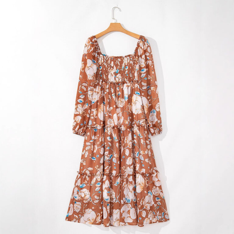 Square Collar High Waist Dress European And American Printed Waist-controlled Dress - Image 4