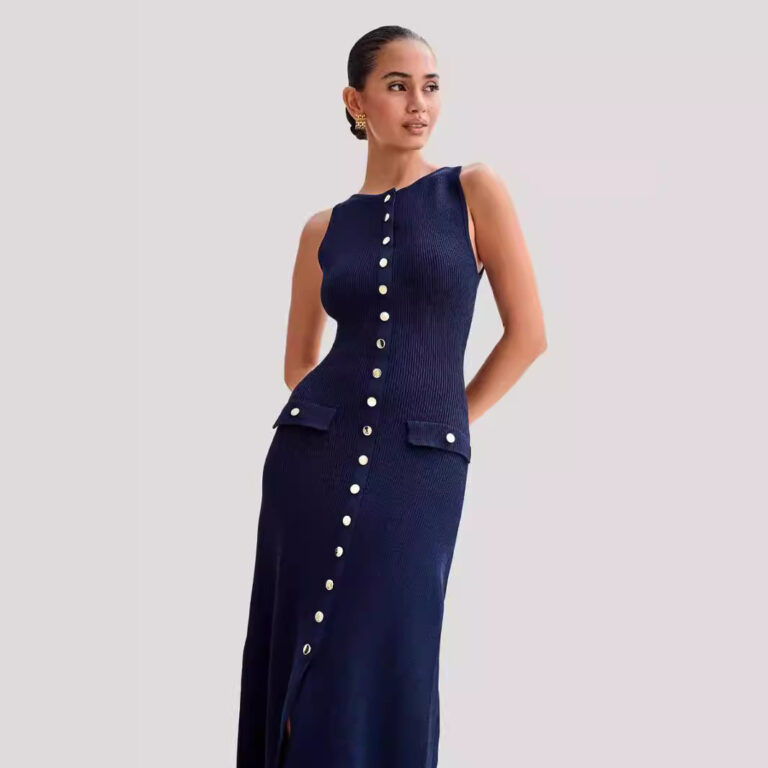 Knitted Elegant Sleeveless Button Long Dress - Image 2