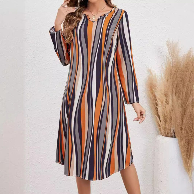 European And American Striped Print Elegant Style Long Sleeve V-neck Dress Women - Image 4