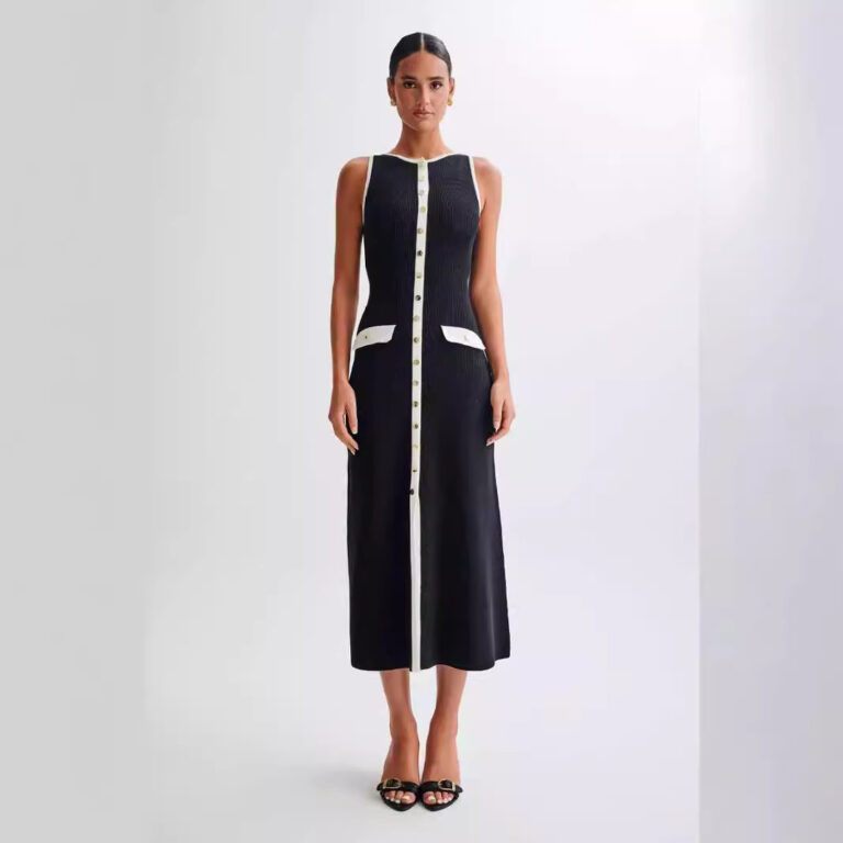 Knitted Elegant Sleeveless Button Long Dress - Image 3